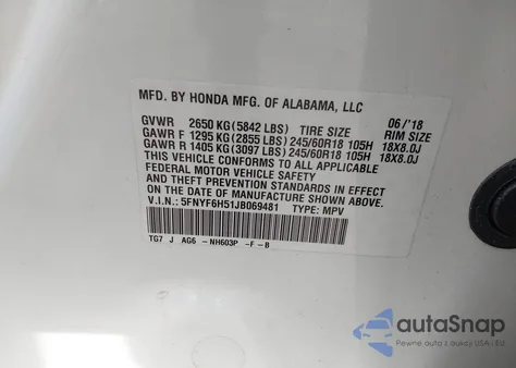 2018 Honda Pilot Ex-L z USA, uszkodzony, nr VIN 5FNYF6H51JB069481